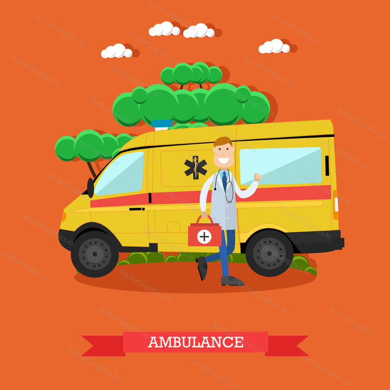 Vector illustration of ambulance car and doctor paramedic male with emergency bag standing next to it. Flat style design.