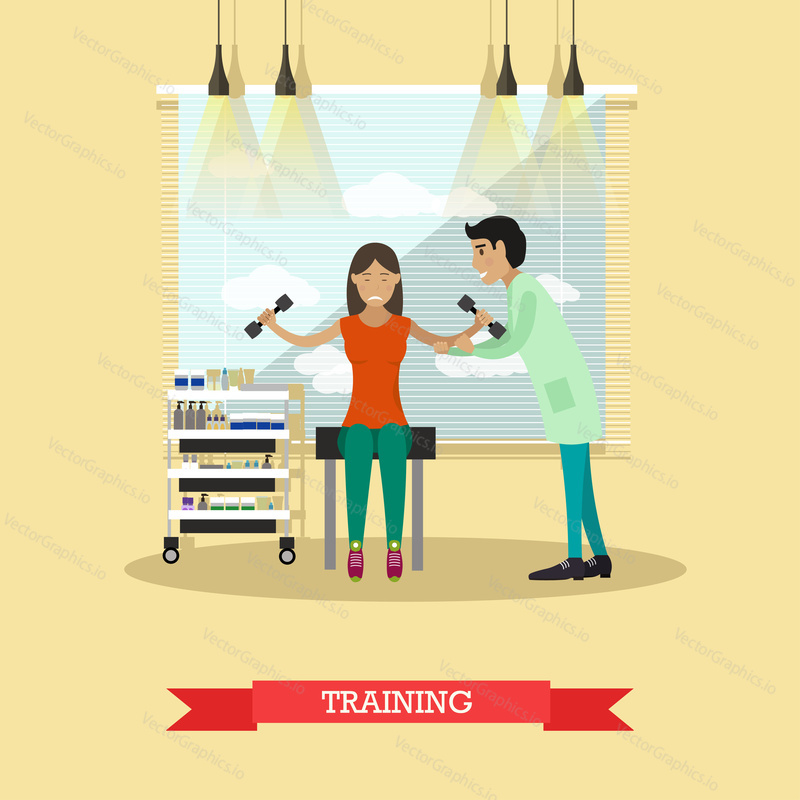 Vector illustration of disabled young woman training with dumbbells, getting support of doctor physiotherapist male in rehab center. Medical care and rehabilitation concept flat style design.