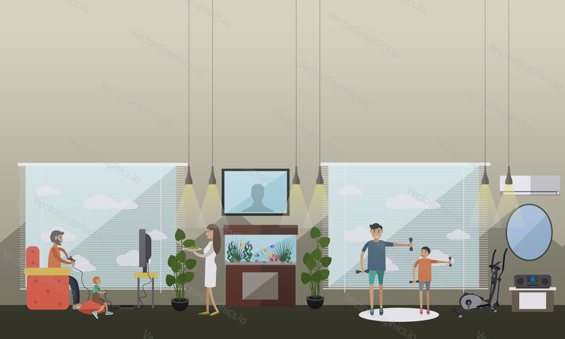 Vector illustration of fathers playing video games, doing sport with their sons. Childcare and upbringing concept flat style design element.