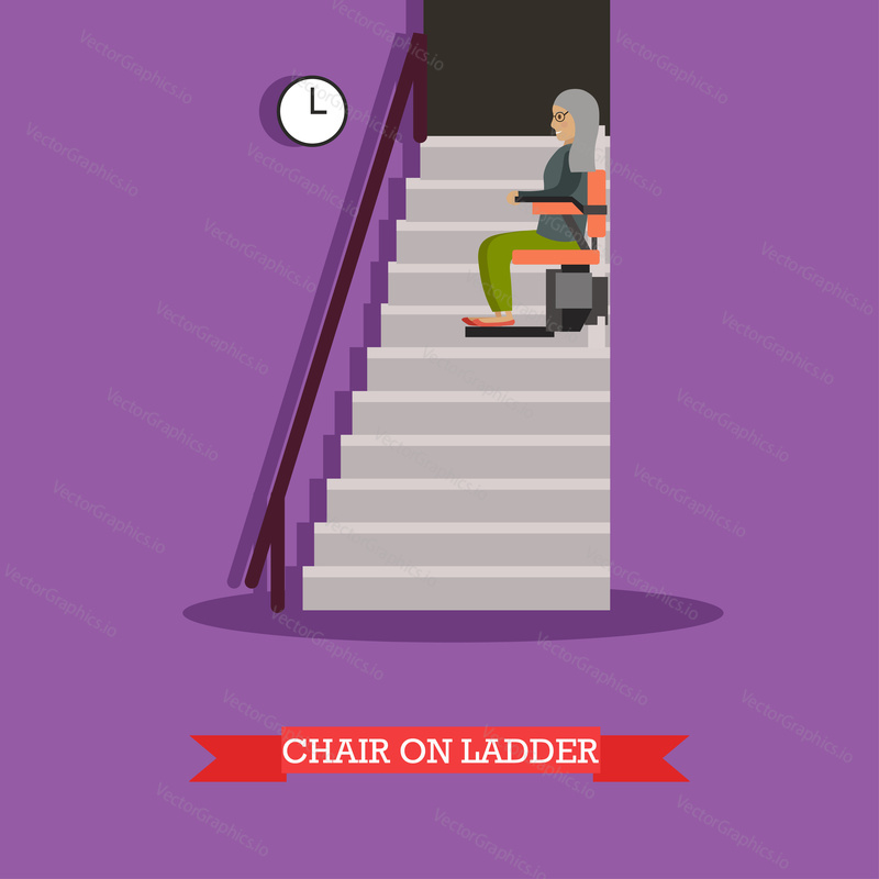 Vector illustration of elderly woman using chair lift for stairs. Mechanical chair lift taking disabled or aged people up and down stairs. Stair lift flat style design element.