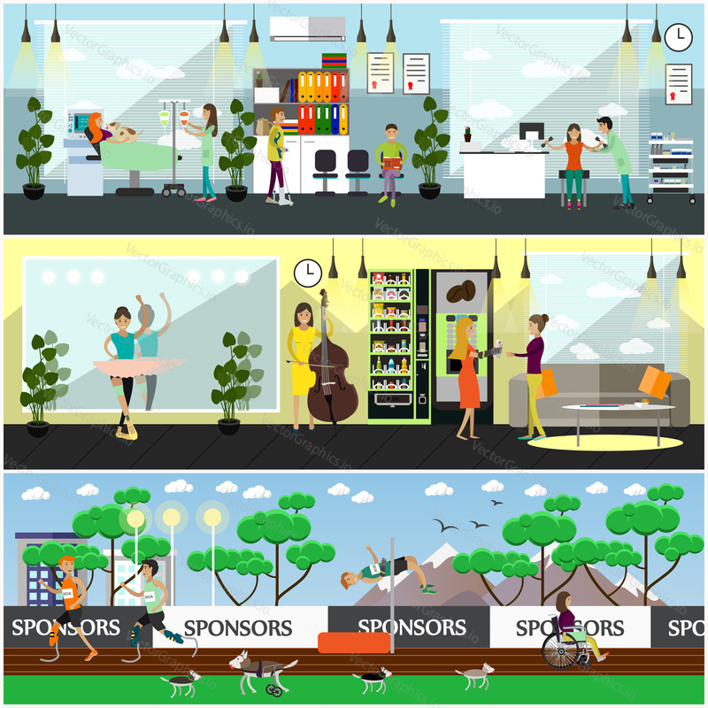 Vector set of disabled people posters, banners. Disability and medical treatment, limb prosthetics, mobility aids for people to do sports, to create art and to live full life. Flat style design.