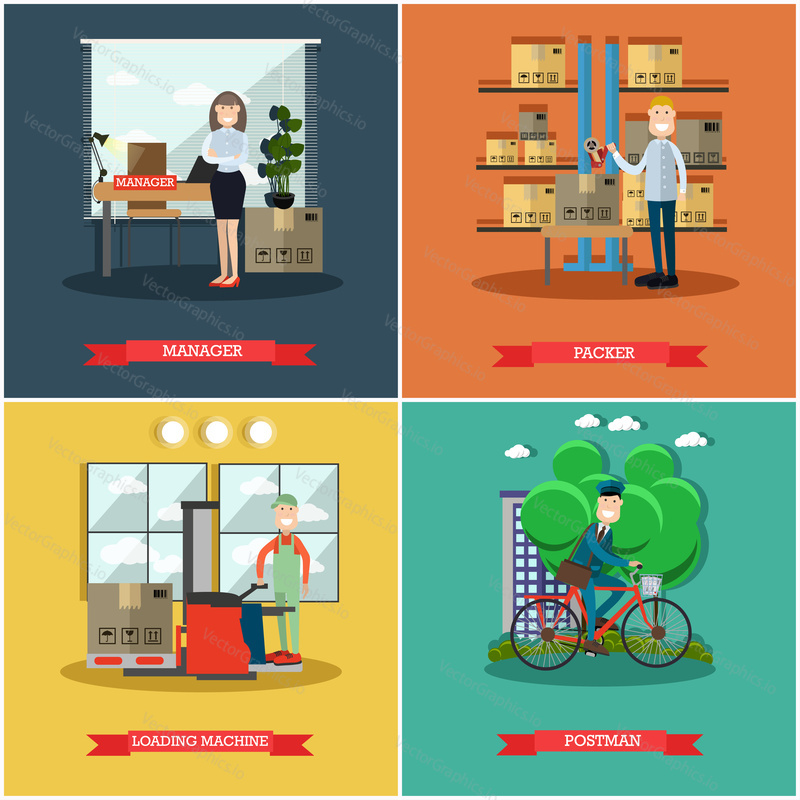 Vector set of mail delivery posters. Manager, Packer, Loading machine and Postman flat style design elements.