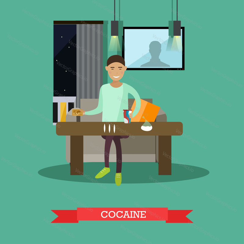 Vector illustration of young man preparing cocaine lines. Drug addiction concept design element in flat style.