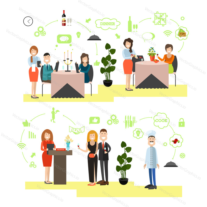 Vector illustration of restaurant staff and customers males and females. Restaurant people, cooking symbols, icons isolated on white background. Flat style design elements.