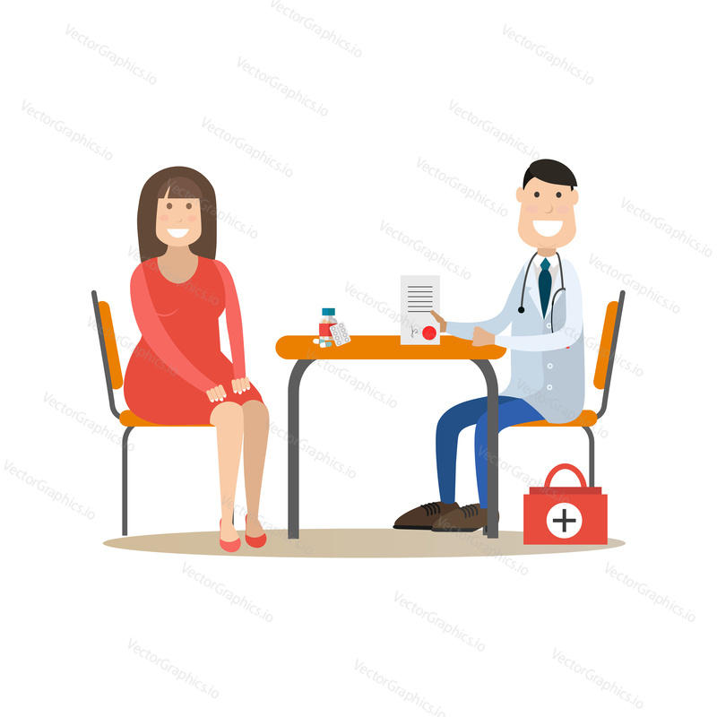 Vector illustration of nutritionist or dietician doctor male consulting his patient female. Medical practitioner flat style design element, icon isolated on white background.