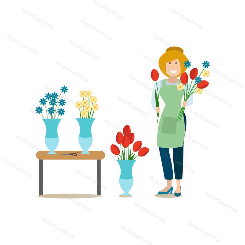 Vektorové ilustrace ženy květinářství s květinami. Delivery people concept flat style design element, ikona izolovaná na bílém pozadí.