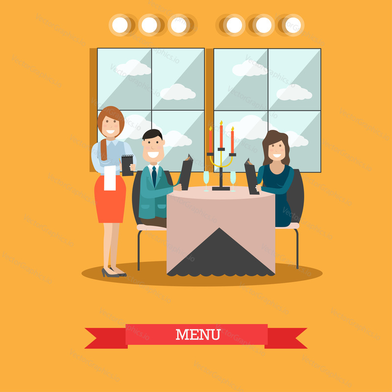 Restaurant guests vector illustration. Visitors man and woman sitting at table decorated with candles and wineglasses and reading menu. Waitress taking order. Table for two. Flat style design.
