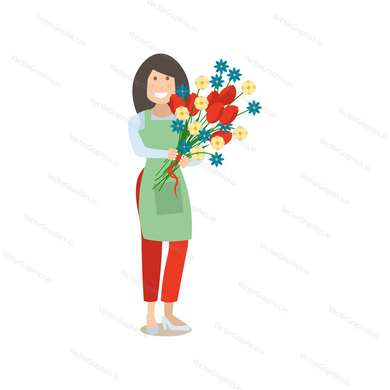 Vector illustration of woman florist with bunch of flowers. Delivery people concept flat style design element, icon isolated on white background.