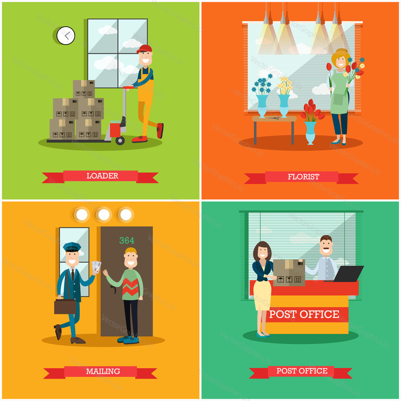 Vector set of delivery posters. Loader, Florist, Mailing and Post office flat style design elements.
