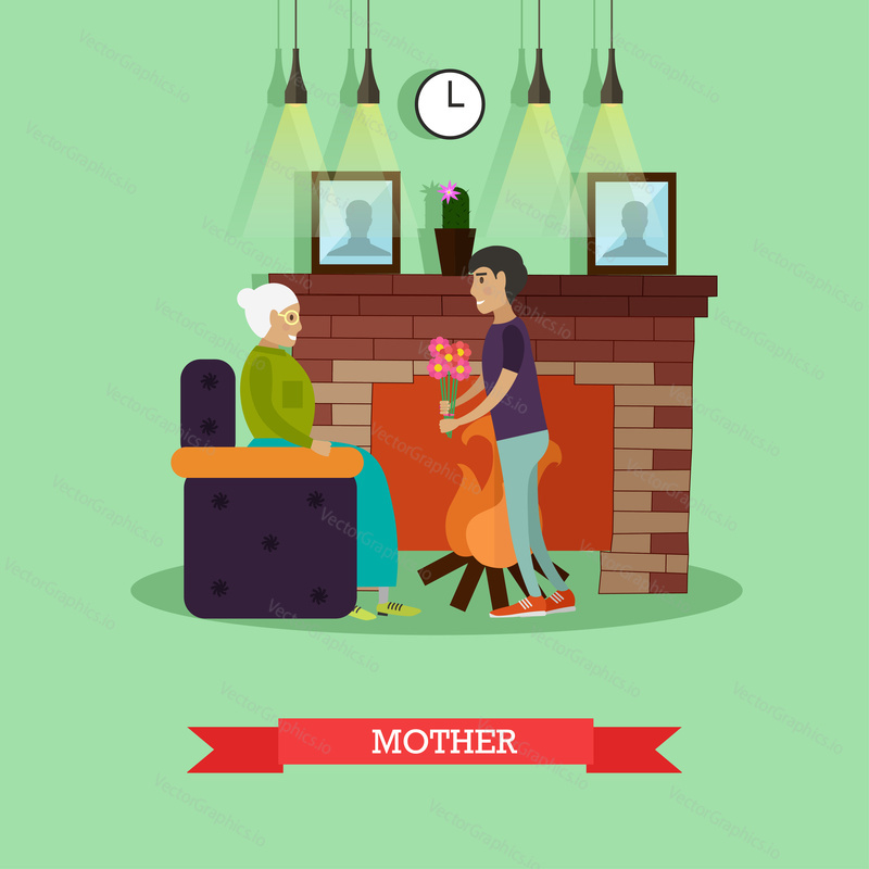 Vector illustration of adult son giving flowers to his elderly mother sitting in armchair at fireplace. Mother concept design element in flat style.