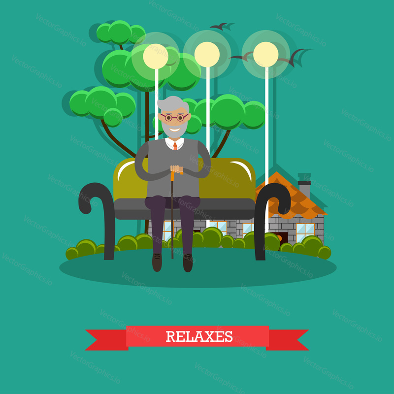 Vector illustration of elderly man with grey hair and beard sitting on bench. Senior man relaxing in park flat style design element.
