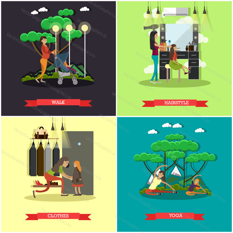 Vector set of mother square posters. Walk, Hairstyle, Clothes and Yoga flat style design elements.