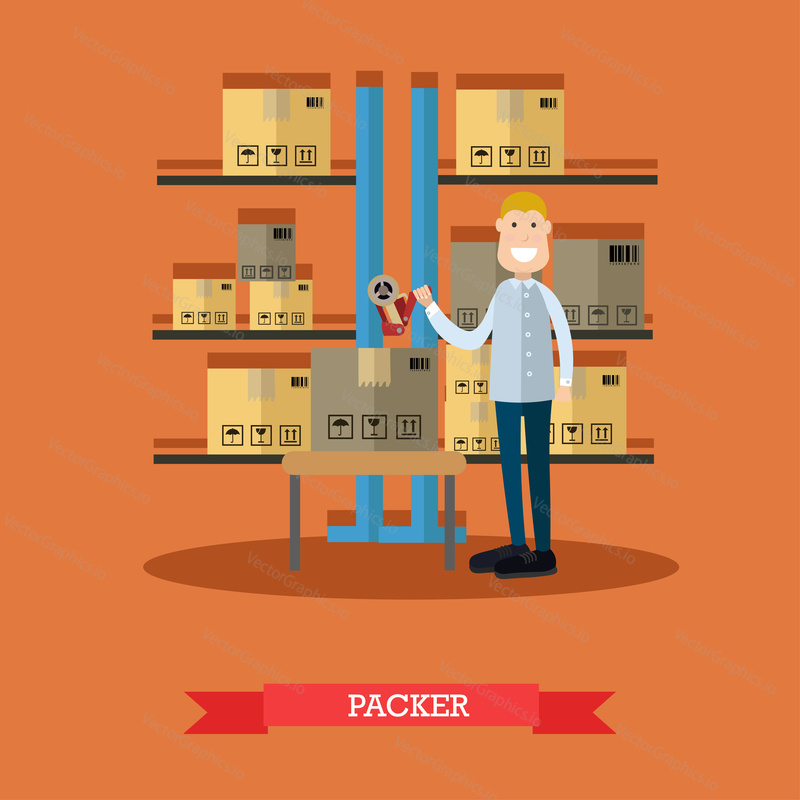 Vector illustration of postal worker standing next to shelves with parcels, cardboard boxes ready for dispatching. Packer concept design element in flat style.