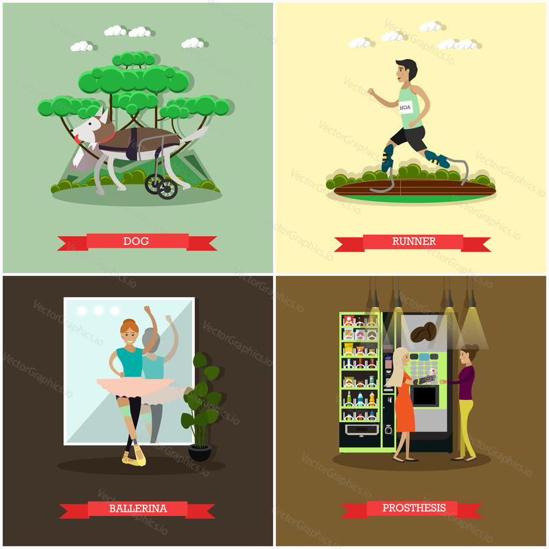 Vector set of disabled people posters. Dog, Runner, Ballerina and Prosthesis flat style design elements.