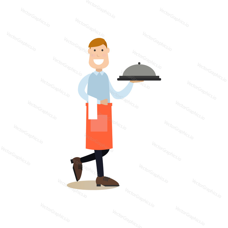 Vector illustration of waiter holding dish in silver platter. Cook people concept flat style design element, icon isolated on white background.