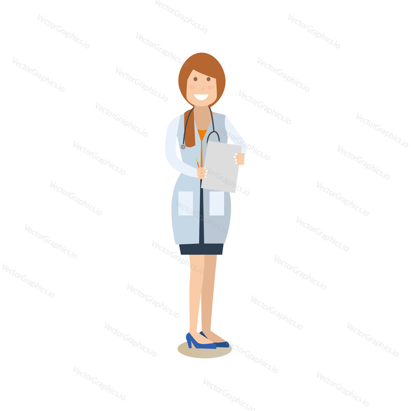 Vector illustration of smiling woman in white coat with stethoscope and holding clipboard in hands. Medical doctor therapist flat style design element, icon isolated on white background.