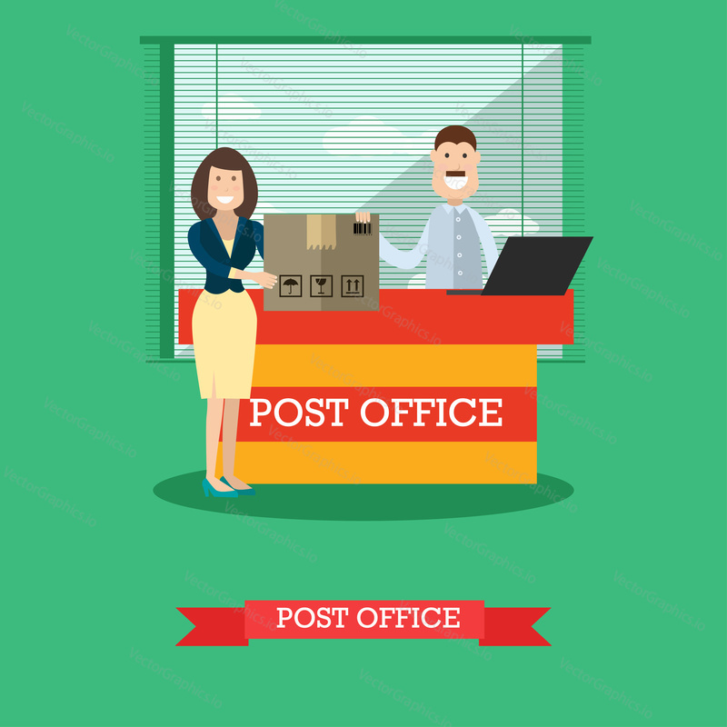 Vektorová ilustrace poštovního pracovníka muže a ženy přijímající nebo odesílající zásilku. Donáška. Post office concept designový prvek v plochém stylu.