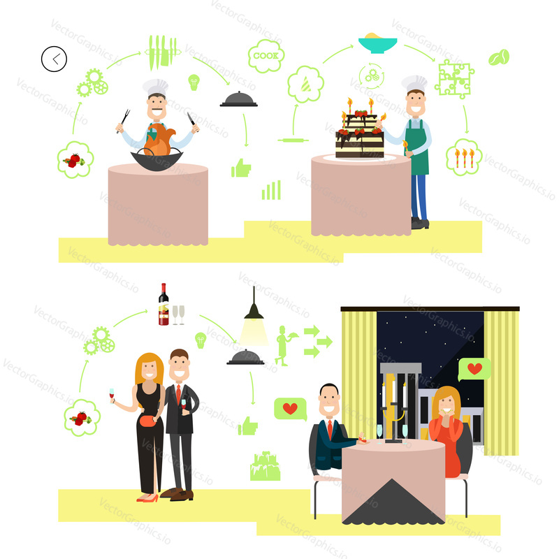 Vector illustration of restaurant staff cooking meal and pastry and visitors happy couples celebrating festive events. Restaurant people, cooking flat symbols, icons isolated on white background.
