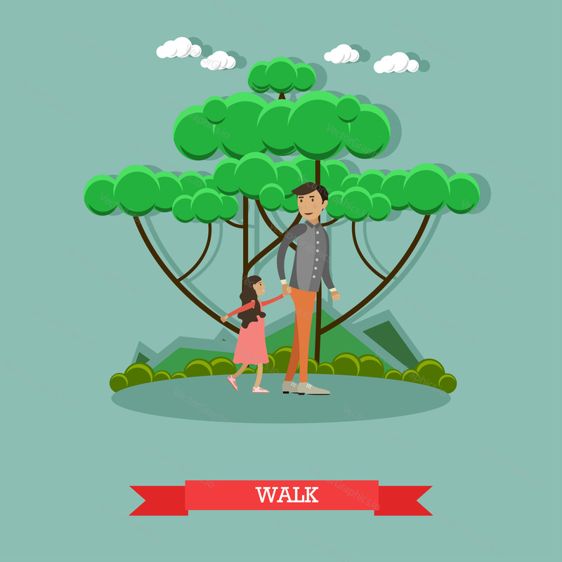 Vector illustration of father walking with his daughter in the park. Childcare and parenting concept flat style design element.