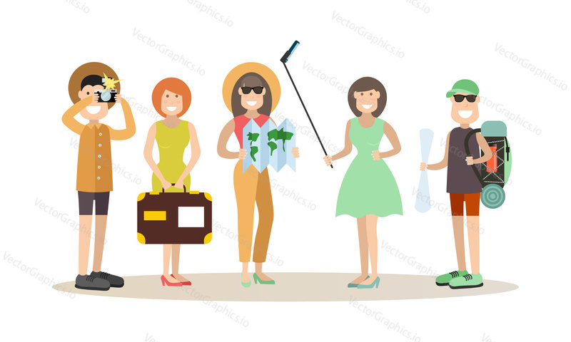 Vector illustration of people traveling, going camping, hiking. Tourist people concept flat style design elements, icons isolated on white background.