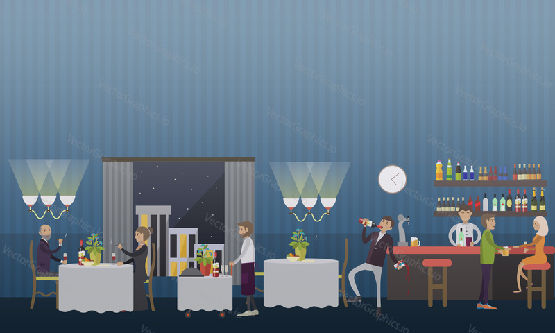 Vector illustration of couple smoking cigars, drunk man drinking wine at restaurant. Tobacco addiction and alcohol abuse concept design element in flat style.