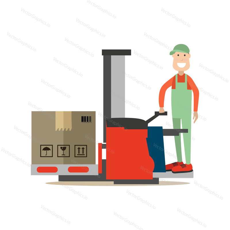 Vector illustration of loader lifting cardboard boxes using lift truck. Delivery people concept flat style design element, icon isolated on white background.