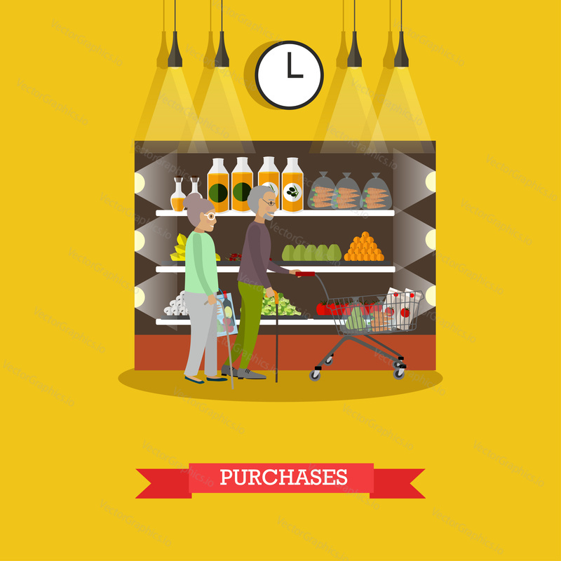 Vector illustration of senior couple doing shopping in grocery store. Elderly man and woman with shopping cart buying groceries. Purchases concept design element in flat style.