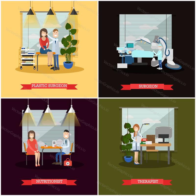 Vector set of medical doctors posters. Surgeon and Plastic surgeon, Nutritionist and Therapist flat style design elements.