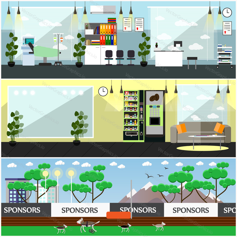 Vector set of disabled people interior posters, banners. Rehabilitation center or hospital, stadium, art studio interior flat style design elements.