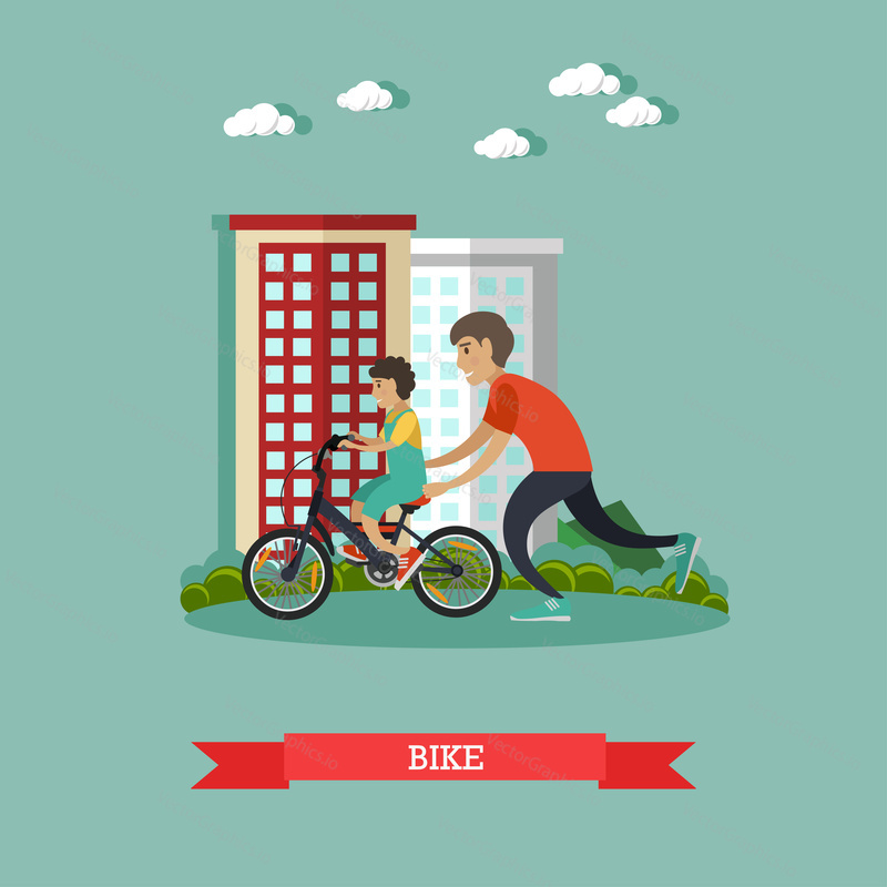 Vektorová ilustrace otce, který učí svého syna jezdit na kole. Péče o děti a rodičovství koncept plochý styl designový prvek.