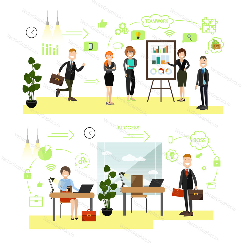Vector illustration of office people giving presentation, working on computer at workplace. Business people, symbols, icons isolated on white background. Flat style design elements.
