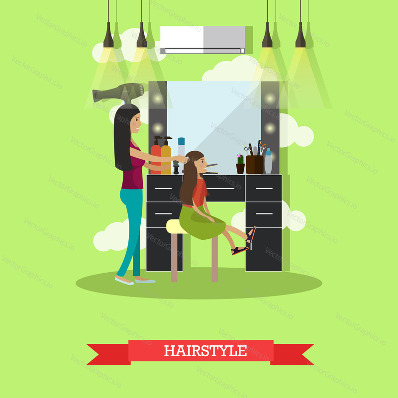 Vektorové ilustrace mladé matky dělá vlasy její dcery. Účes koncept designový prvek v plochém stylu.