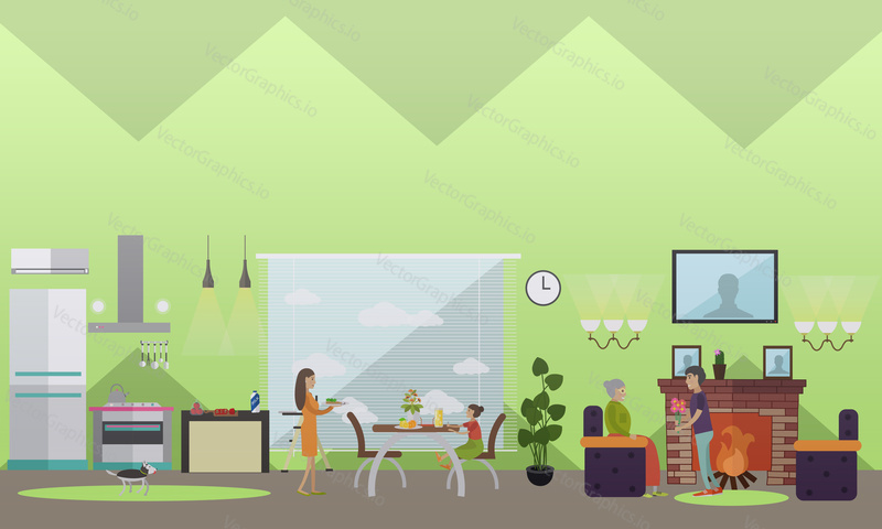 Vector illustration of living room interior, young mother serving dinner, son giving flowers to his elderly mother. Childcare, parenting and maintenance of senior parents flat style design elements.