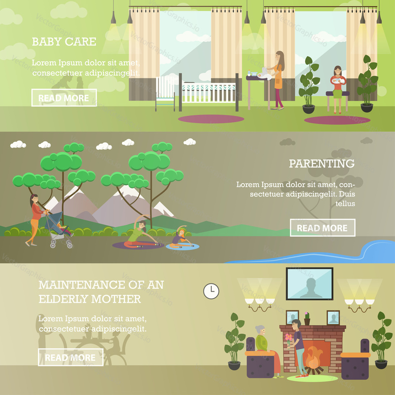Vector set of mother concept horizontal banners. Baby care, Parenting, Maintenance of an elderly mother flat style design elements.