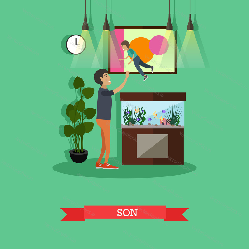 Vector illustration of father throwing up his son. Childcare and parenting concept flat style design element.