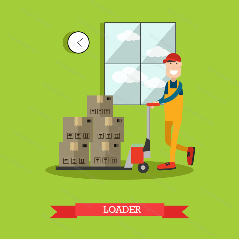 Vector illustration of worker pushing cargo cart or platform trolley with cardboard boxes. Delivery company services. Loader concept flat style design element.