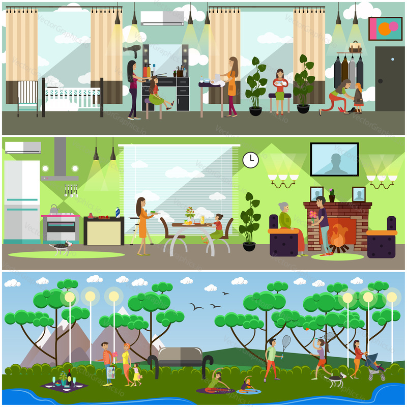 Vector set of mother concept posters, banners. Pregnant women, young mothers and fathers with kids and elderly mother with adult son. Childcare and parenting flat style design elements.