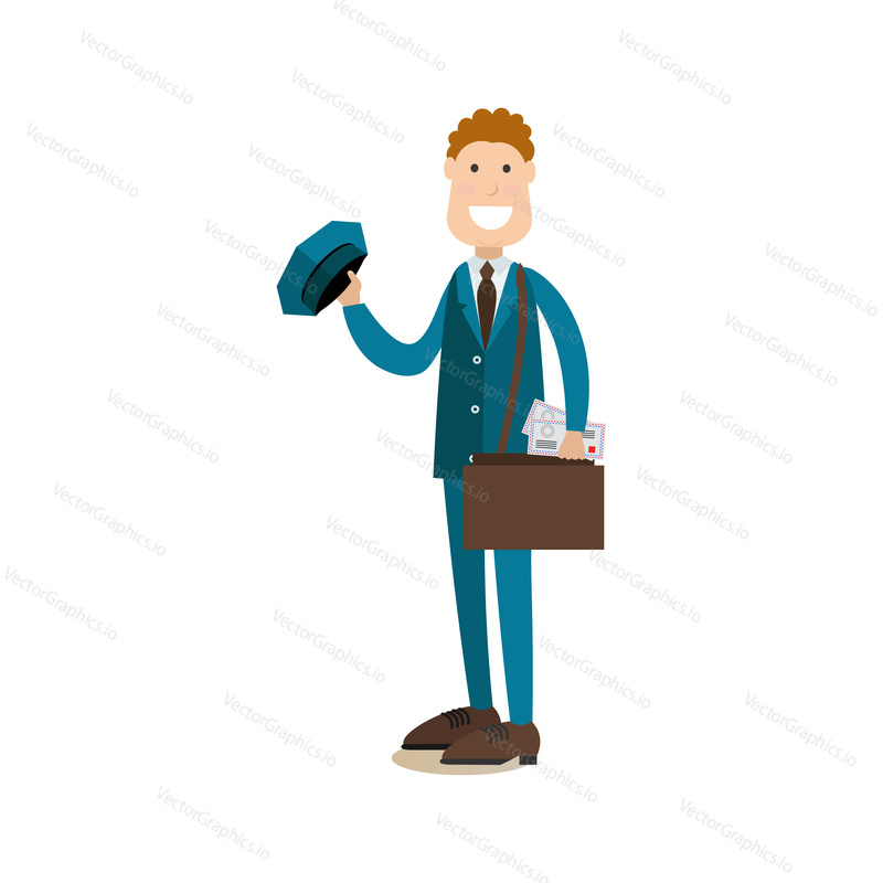 Vector illustration of smiling postman with post bag and letters. Delivery people concept flat style design element, icon isolated on white background.