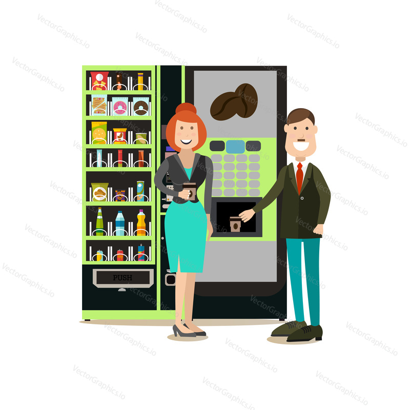 Vektorová ilustrace podnikatelů, kteří si dávají přestávku na kávu. Kávovar a Automat na prodej nebo jídlo. Office lidé plochý styl designové prvky, ikony izolované na bílém pozadí.