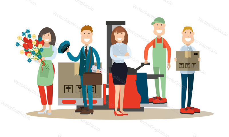 Vector illustration of postal service manager, postman, loader, packager and florist. Delivery people concept flat style design elements, icons isolated on white background.