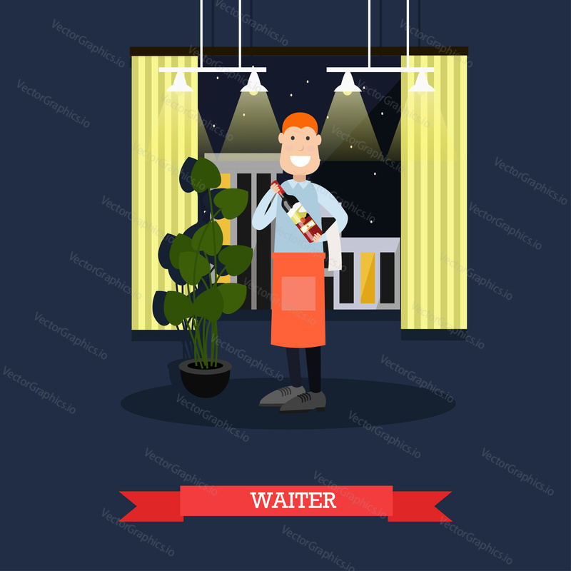 Vector illustration of waiter holding bottle of wine. Restaurant staff flat style design.