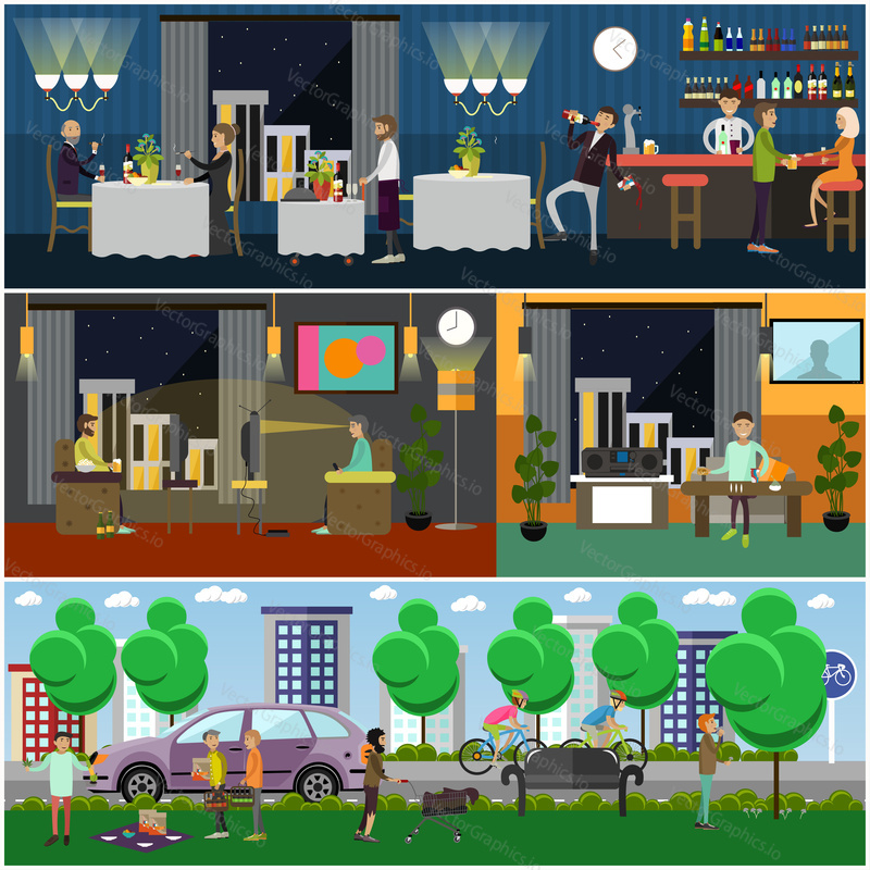 Vector illustration of people having bad habits. Tobacco, narcotic, TV addiction and alcohol abuse, drug trip concept design elements in flat style.