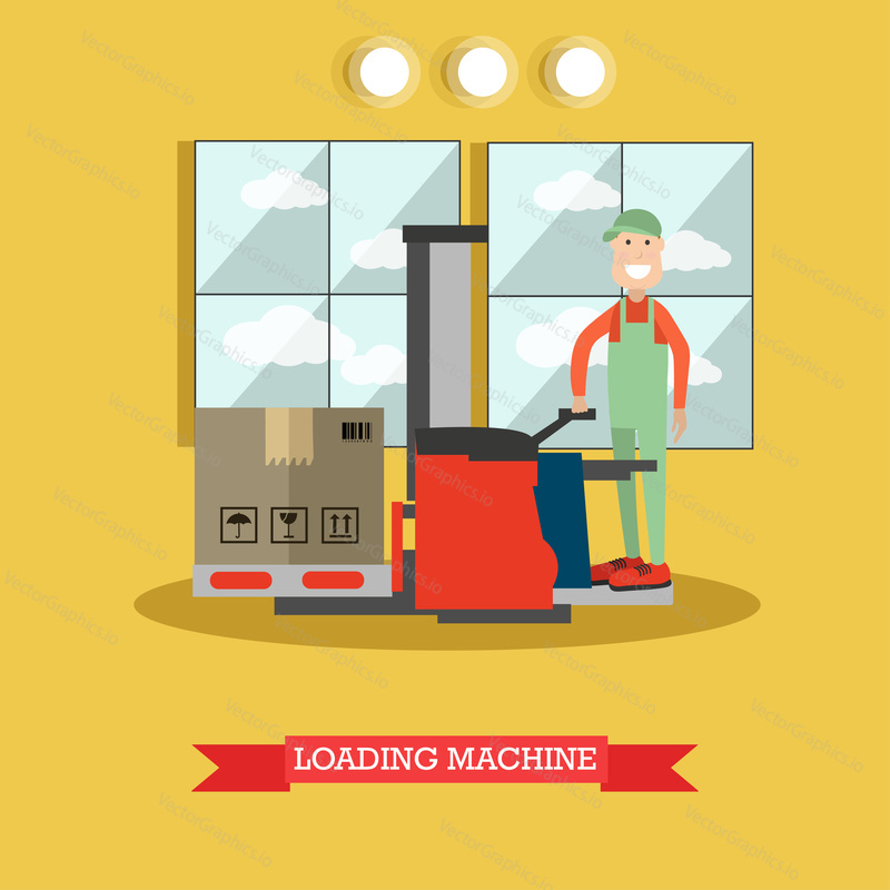Vector illustration of worker loader lifting cardboard boxes using lift truck. Loading machine concept flat style design element.