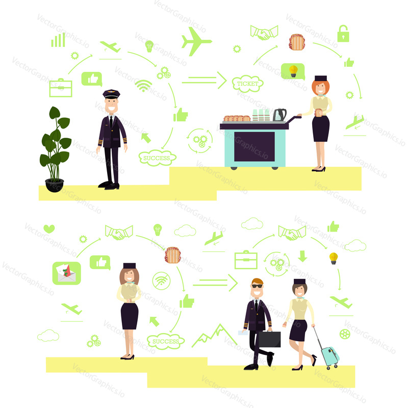 Vector illustration of pilots and stewardess with airline food trolley. Airport people symbols, icons isolated on white background. Flat style design.