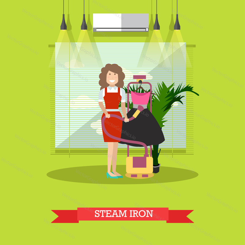 Vector illustration of cleaning woman ironing clothing with steam iron. Cleaning company services concept design element in flat style.