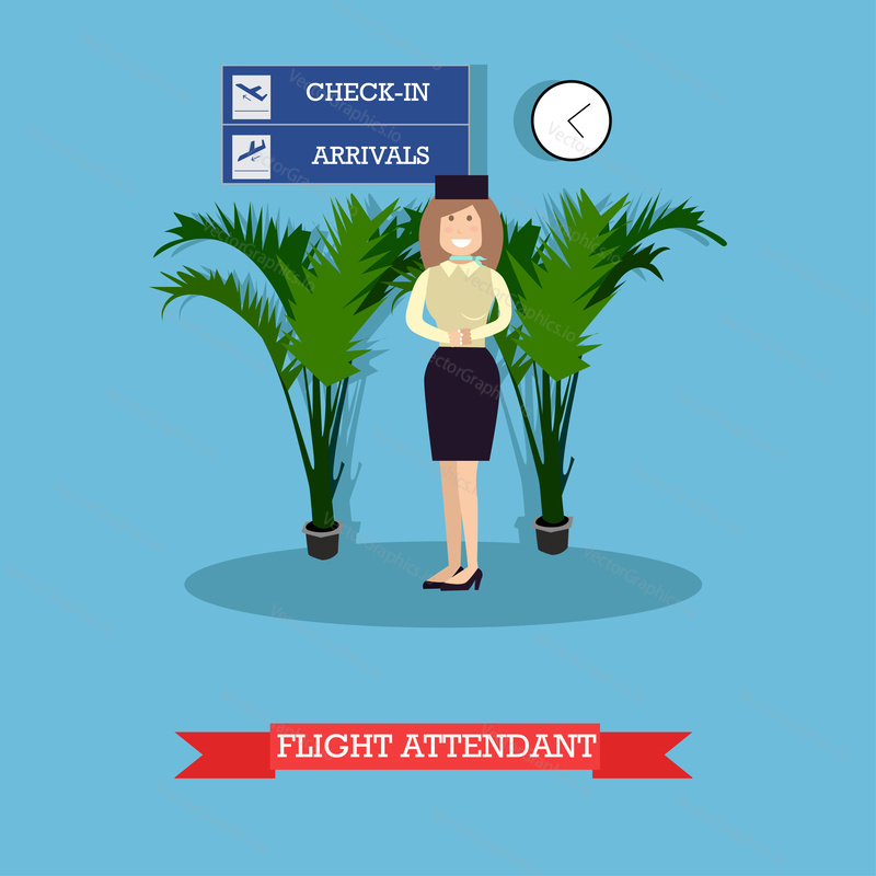 Vector illustration of air stewardess. Airline staff, flight attendant flat style design element.