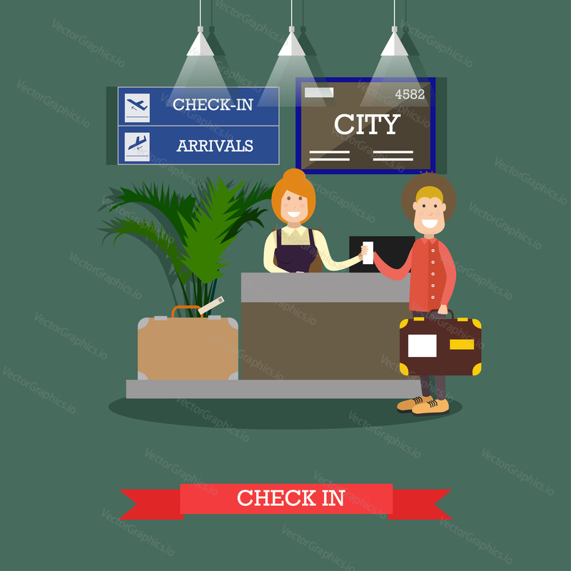Airport check-in vector illustration. Airline check-in attendant female at counter and passenger male with luggage. Flat style design.
