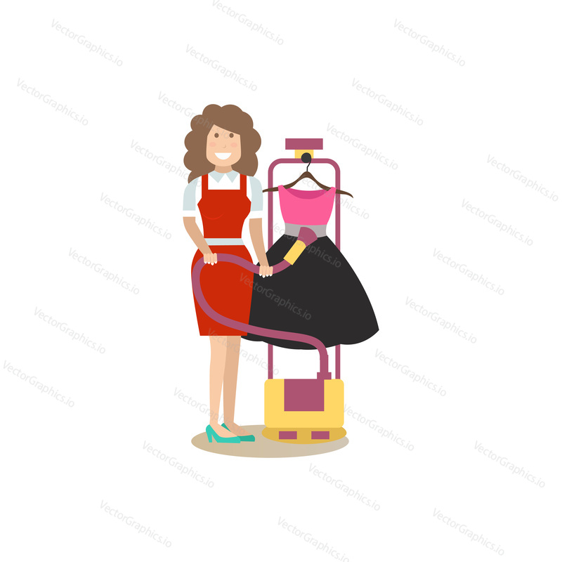 Vector illustration of cleaning lady ironing clothing with steam iron. Cleaning people flat style design element, icon isolated on white background.