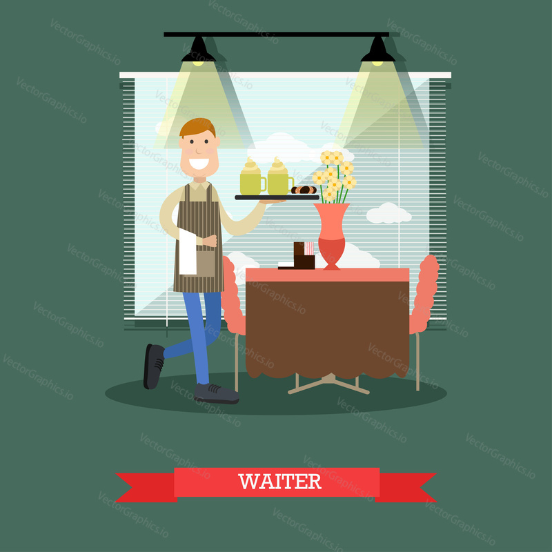 Vector illustration of waiter holding tray with cappuccino and cookies. Coffee house staff flat style design.