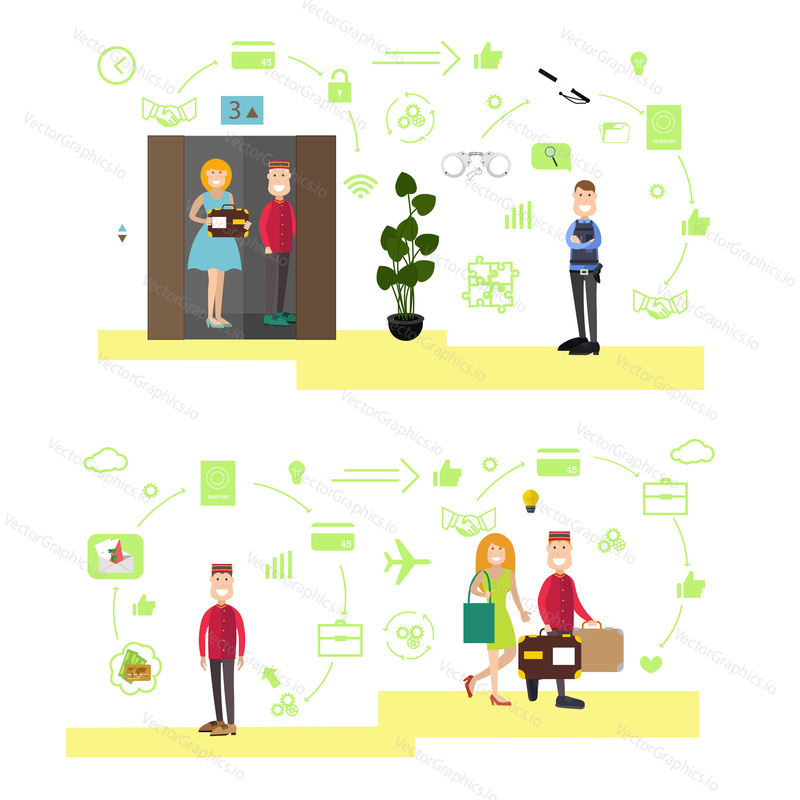 Vector illustration of hotel workers porter, lift operator, doorman, security guard and guests females. Hotel people flat symbols, icons isolated on white background.